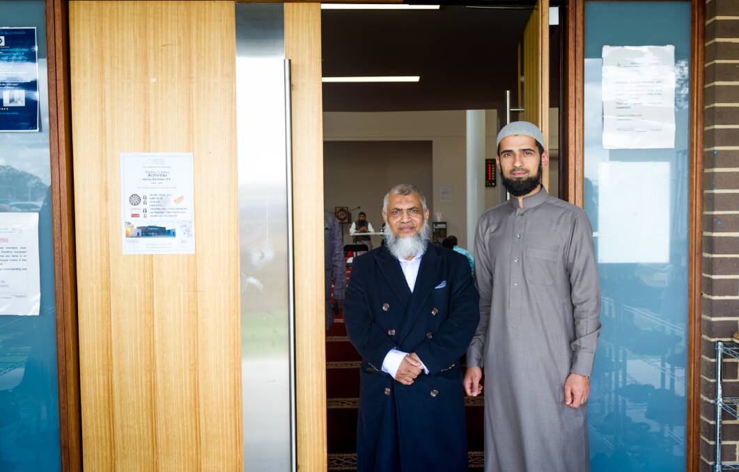 Canberra Muslim Community president Abdul Bari with Imam Hamza Abujarbou in the doors to the Gungahlin Mosque on Saturday. Picture: Elesa Kurtz