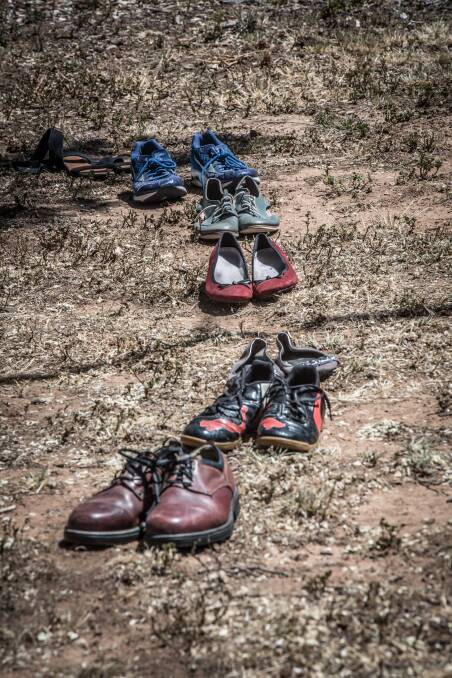 Shoes, a poignant memory of people lost to drug deaths, remembered at Weston Park, Yarralumla, on Monday. Picture: Karleen Minney.
