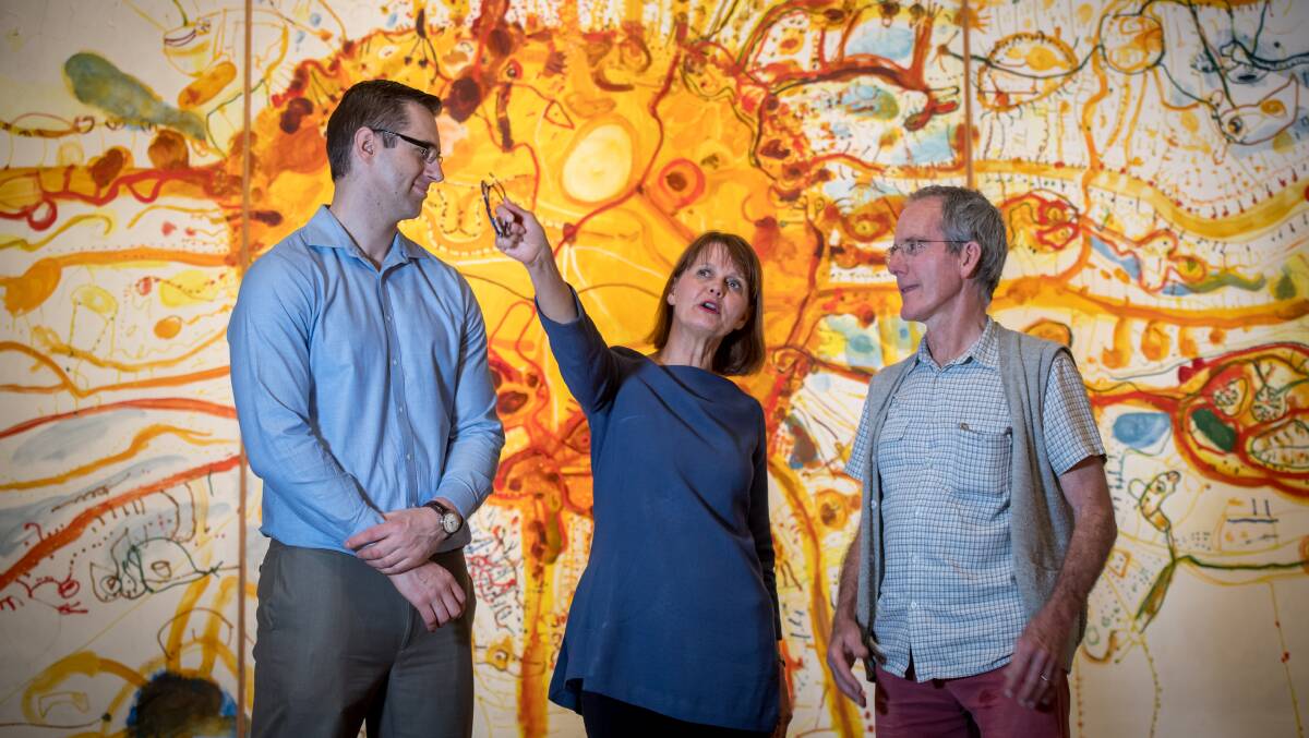 PhD candidate Nathan D'Cunha, left, who has found improvement among dementia patients when viewing and discussing art, with art gallery program producer Adriane Boag and carer Jim Pearson. Picture: Karleen Minney