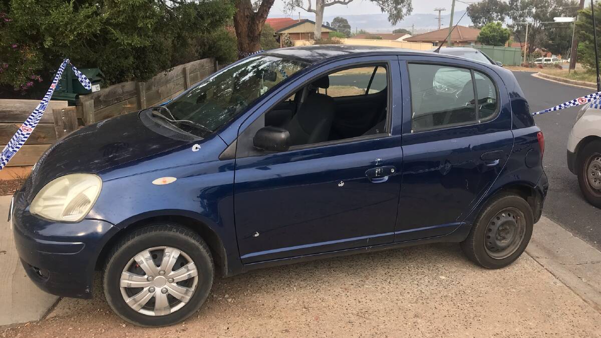 Photos of the car shot after an alleged traffic altercation in Queanbeyan on Saturday.