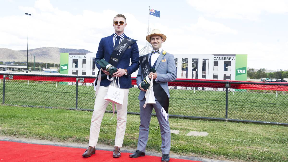 Fashions on the Field runner up Jonathan Mosslar, and winner Luke Signor. Picture: Dion Georgopoulos