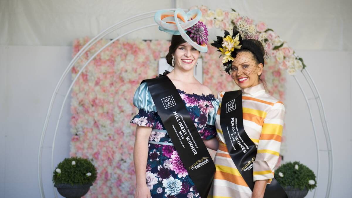 Millinery winner Tara McDonough and the Classic Fashion on the Field ladies winner Lisa Wellings. Picture: Dion Georgopoulos