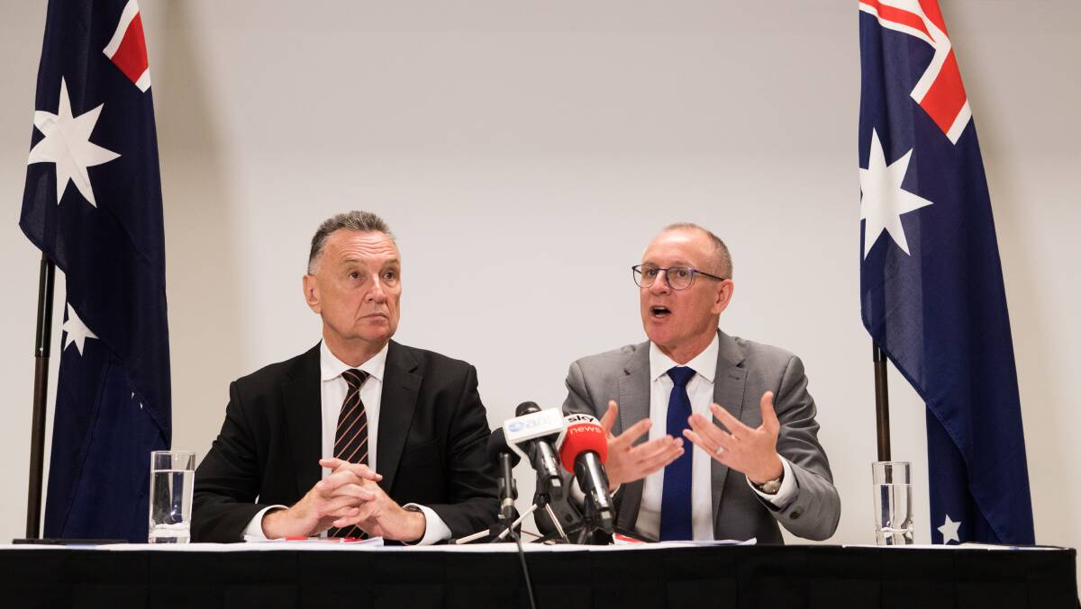 Craig Emerson and Jay Wetherall announce a review on Labor's Election loss and Bill Shorten's failure. Picture: Jason South