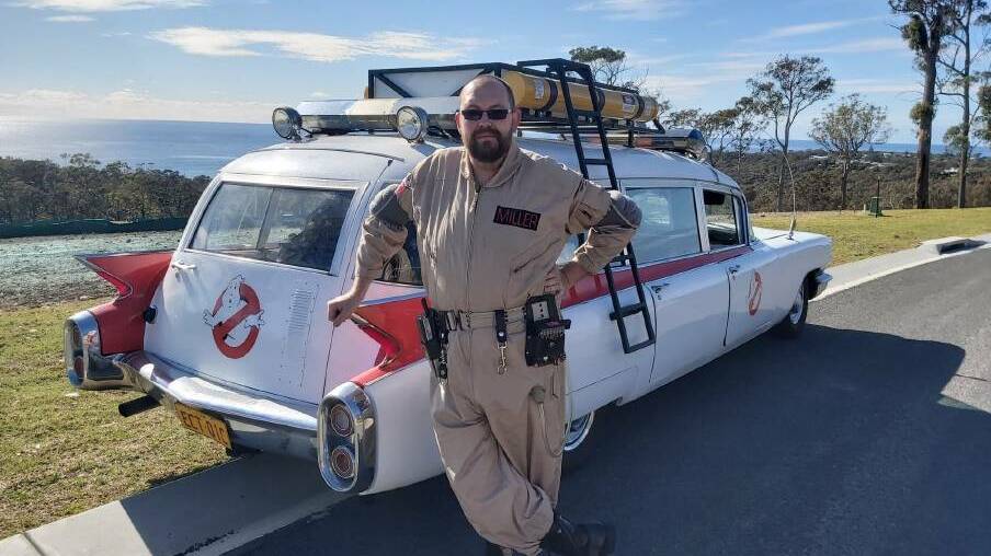 Merrimbula resident Chris Miller, who has a replica Ghostbusters car, also known as Ecto-1. Picture: Supplied