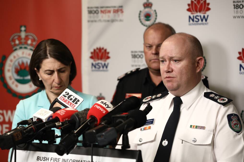 RFS Commissioner Shane Fitzsimmons addresses the media about the NSW fires. Picture: Dominic Lorrimer