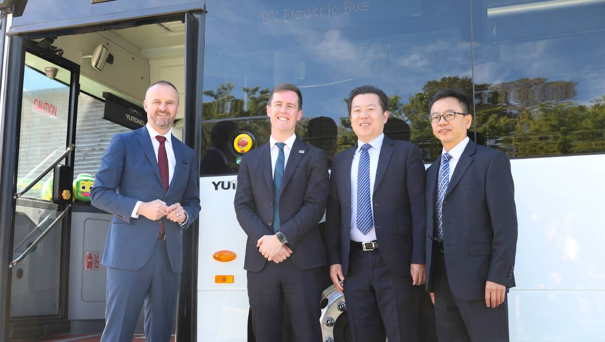 ACT chief minister Andrew Barr, transport minister Chris Steel, Yutong Group vice director of overseas market Kent Chang and Xu Jiangsheng with the Yutong Electric E12 bus. Picture: Supplied