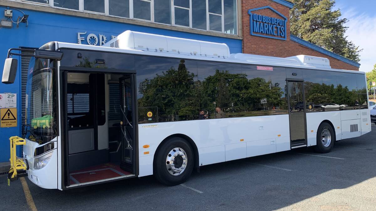 The Yutong Electric E12 bus which will spend 12 months as part of the ACT transport network. It will be painted in ACT transport colours before taking to the streets. Picture: Supplied