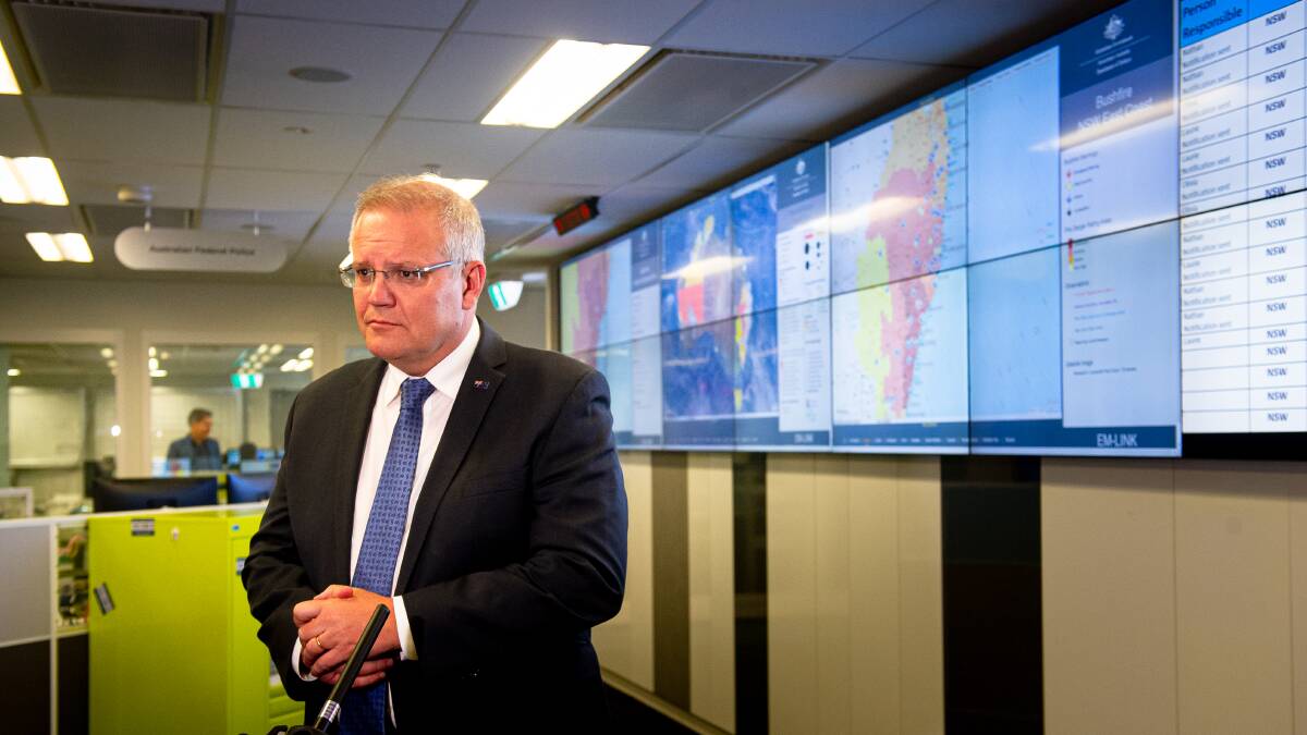 Prime Minister Scott Morrison at the federal government's crisis co-ordination centre in Canberra. Picture: Elesa Kurtz