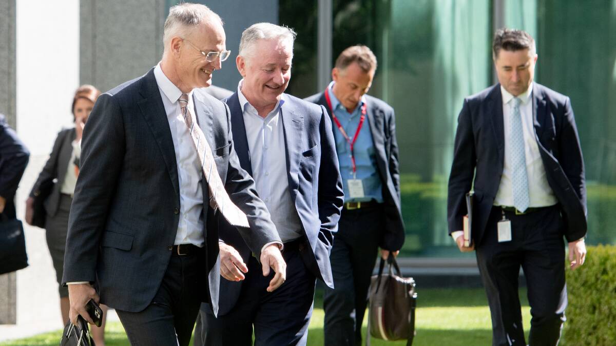 News Corp's Michael Miller, Nine's Hugh Marks, Australian Community Media's Anthony Catalano and ABC's Gavin Morris after meeting with Attorney-General Christian Porter and Communications Minister Paul Fletcher. Picture: Elesa Kurtz