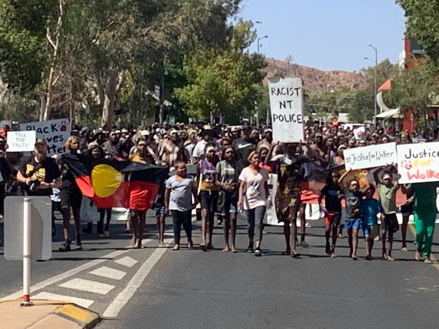Rally in Alice Springs following the death of a young teenage boy who was shot by a police officer. Picture: Zach Hope