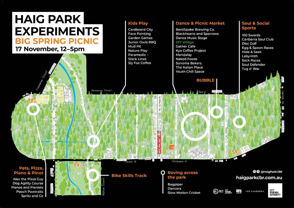 A map to all the activities at the Big Spring Picnic in Haig Park on Sunday.