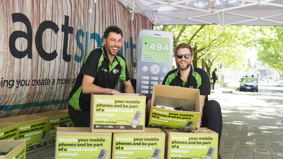 Lee Rupil and Hugo Temby from Actsmart collected mobile phones all day on Thursday in City Walk. Picture: Dion Georgopoulos