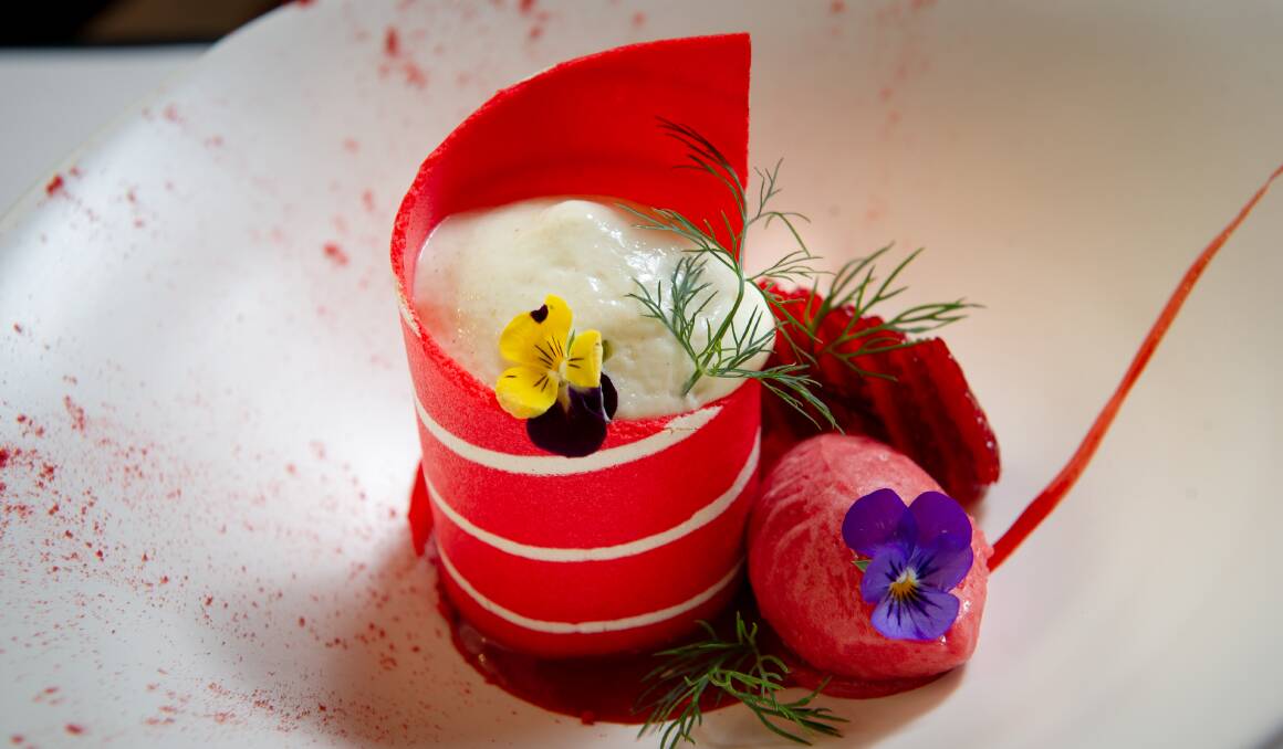 Strawberry Charlotte, crispy tuille, strawberry mousse and fennel yoghurt foam. Pictures: Elesa Kurtz