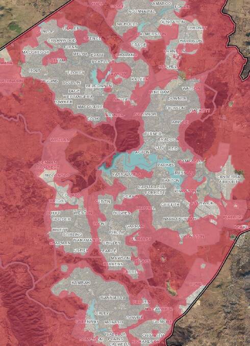 The ACT's latest bushfire risk map, the red areas showing the areas of high risk.