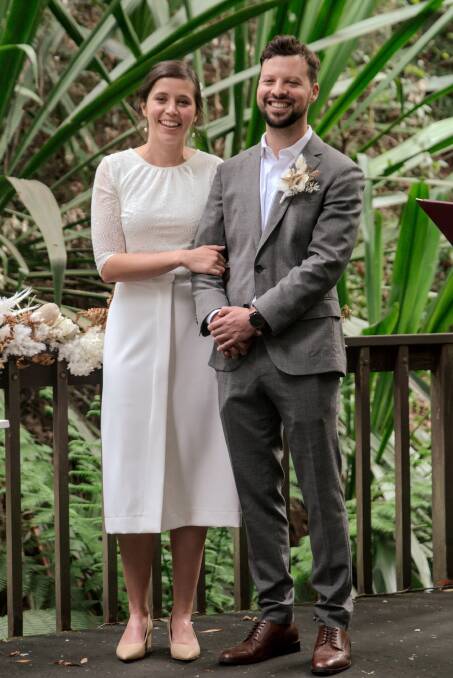 Nina and Nick Keeley at their wedding at Pollen cafe at the Australian National Botanic Gardens.
