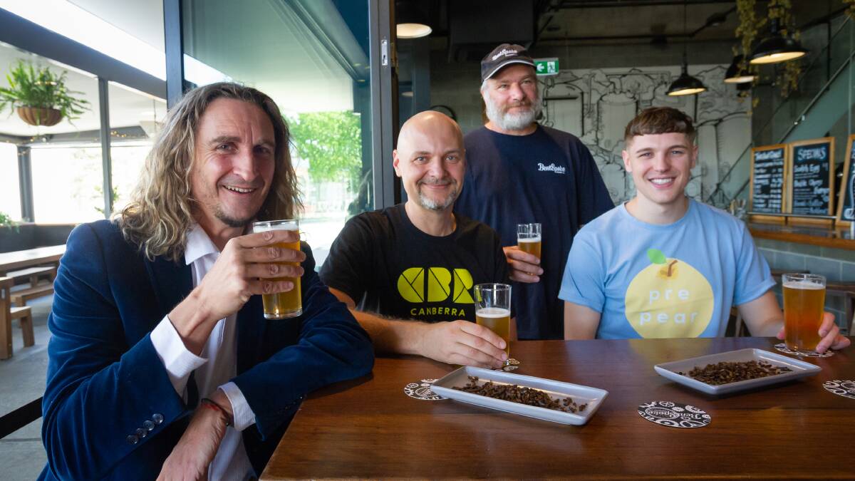 Tommy Cheesman, of Future Superfoods; Petr Adamek, from the Canberra Innovation Network; co-owner and head brewer of BentSpoke, Richard Watkins; and Brian Forster-Jones, founder of PrePear drink company. Picture: Elesa Kurtz