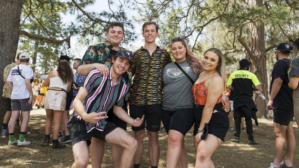 William Kelly, Jason Luther, Josh Lockhart, Emma Flower and Renee Roberts at the Spilt Milk music festival, where they expressed support for pill-testing. Picture: Dion Georgopoulos