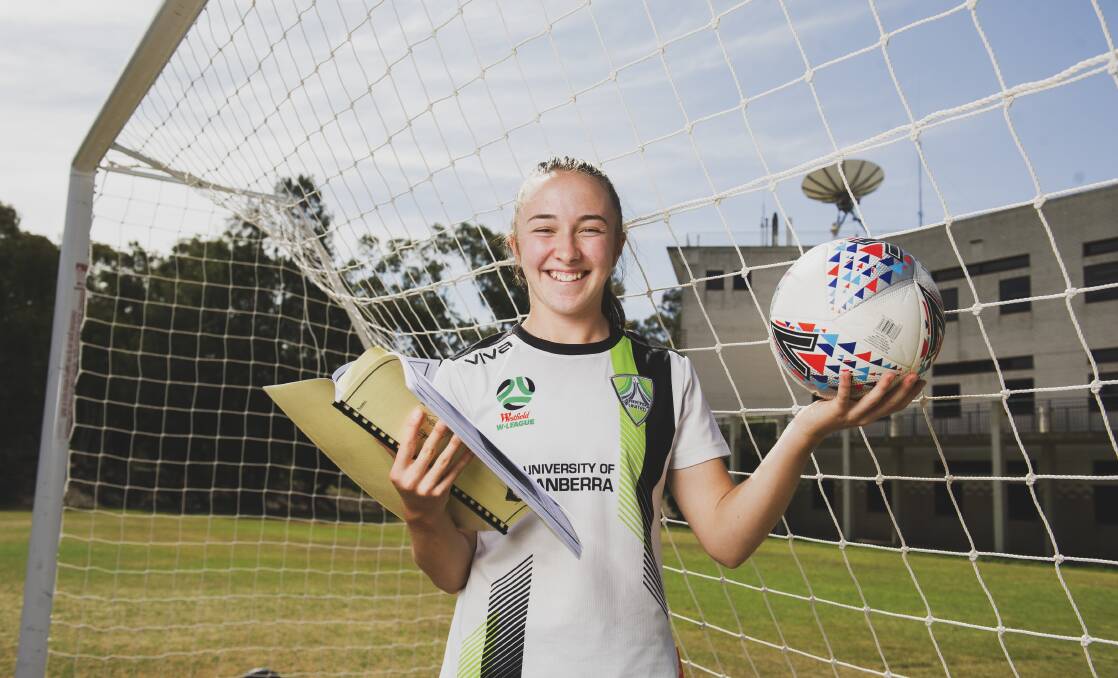 Canberra United player Laura Hughes is juggling soccer and her year 12 school exams. Picture: Dion Georgopoulos