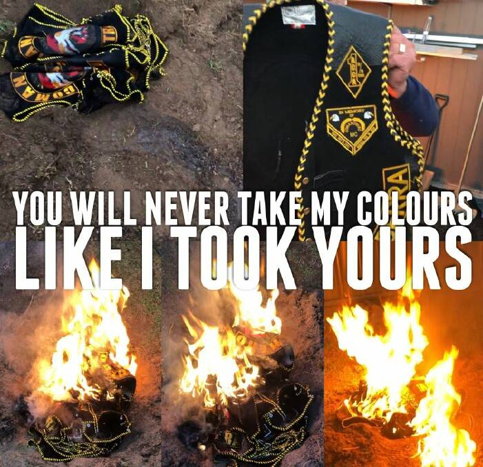 Images seized by police showing former Canberra Comanchero commander Peter Zdravkovic's bikie gang colours burning. Picture: Supplied