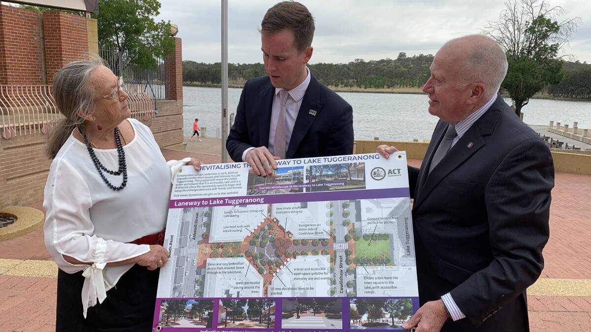 ACT government MLAs Joy Burch, Chris Steel and Mick Gentleman, announcing plans to take buses off Anketell Street and upgrade laneways in the Tuggeranong town centre. Picture: Andrew Brown