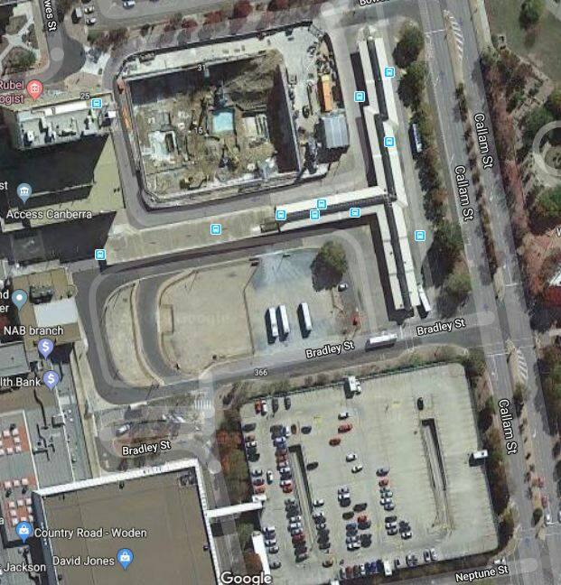 A new Woden CIT campus will be built at the site of the existing bus interchange, off Callam Street. Picture: Google Earth
