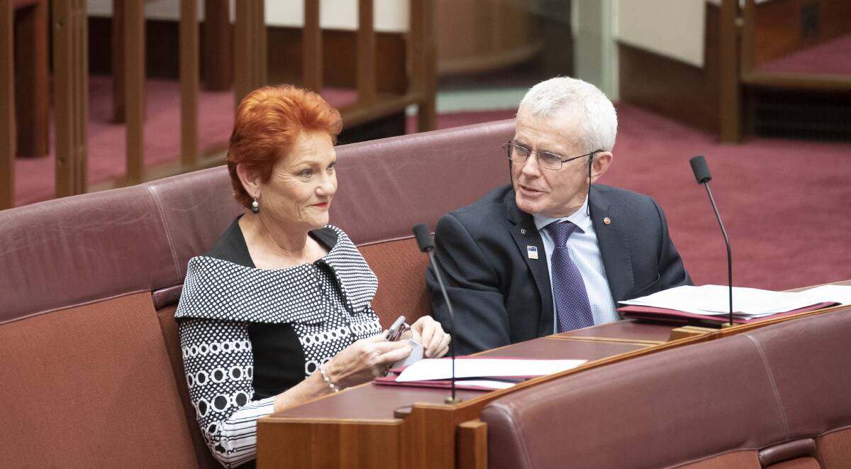 One Nation senators Pauline Hanson and Malcolm Roberts in the Senate on Thursday. Picture: Sitthixay Ditthavong
