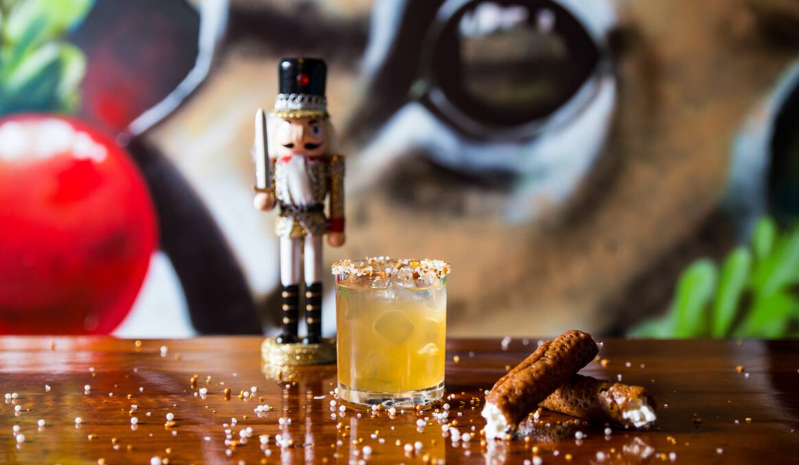 Santa Don't Be Late, featuring a gingerbread syrup and a sparkling Christmas candy rim served with a cream brandy crisp. Picture: Jack Gruber