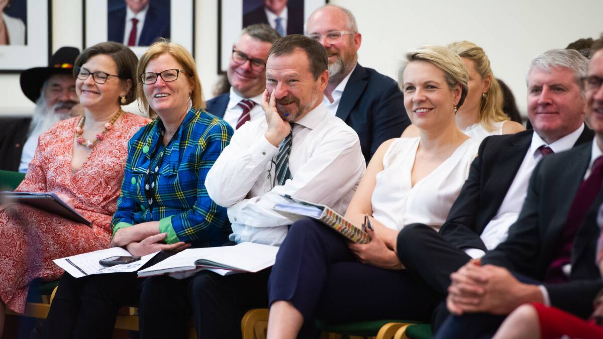 The Labor caucus, in a good mood listening to leader Anthony Albanese on Tuesday, in the last sitting week of the year. Picture: Elesa Kurtz