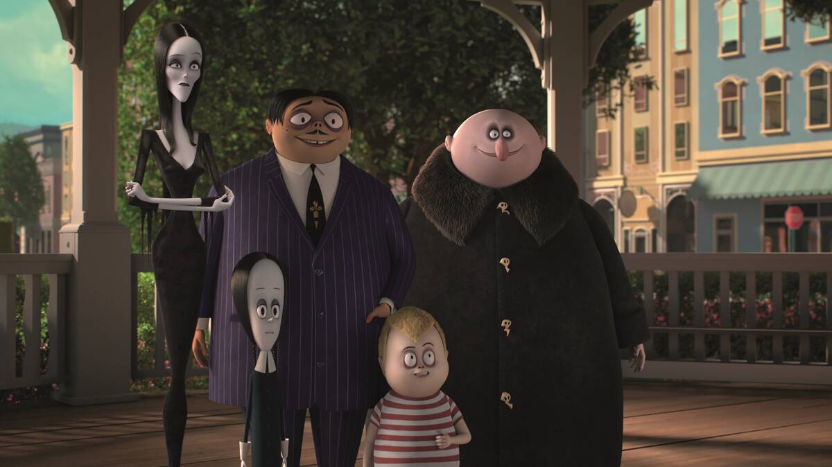 Charlize Theron voices Morticia Addams, Chloë Grace Moretz voices Wednesday Addams, Oscar Isaac voices Gomez Addams, Finn Wolfhard voices Pugsley, and Nick Kroll voices Uncle Fester in The Addams Family. Picture: Metro Goldwyn Mayer Pictures 2019.