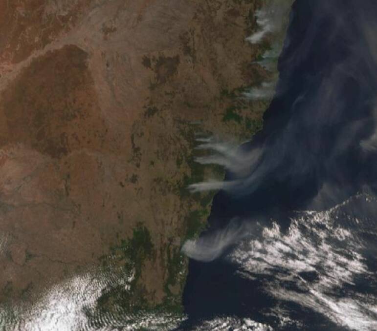 Smoke from the South Coast fire seen on the Bureau of Meteorology's radar. It's one of several fires burning along the NSW coast. Picture: Bureau of Meteorology