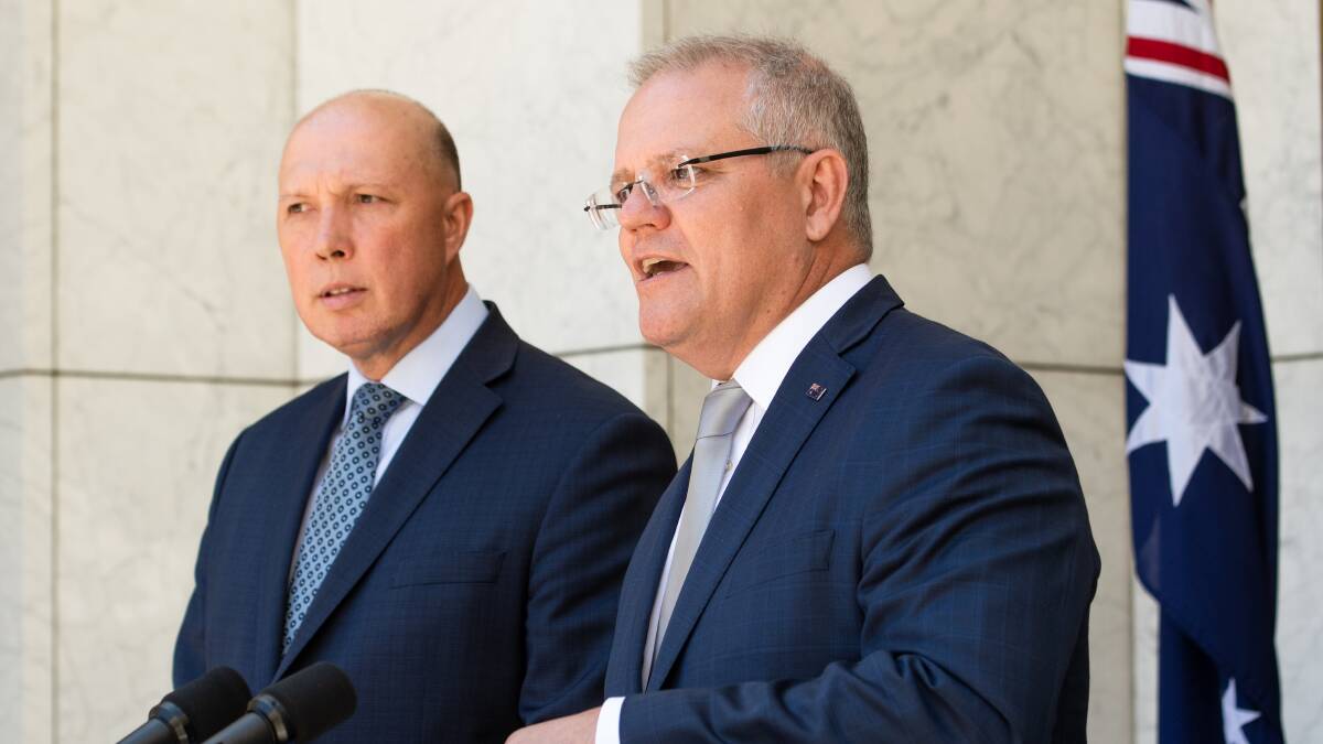 Home Affairs Minister Peter Dutton and Prime Minister Scott Morrison. Picture: Elesa Kurtz
