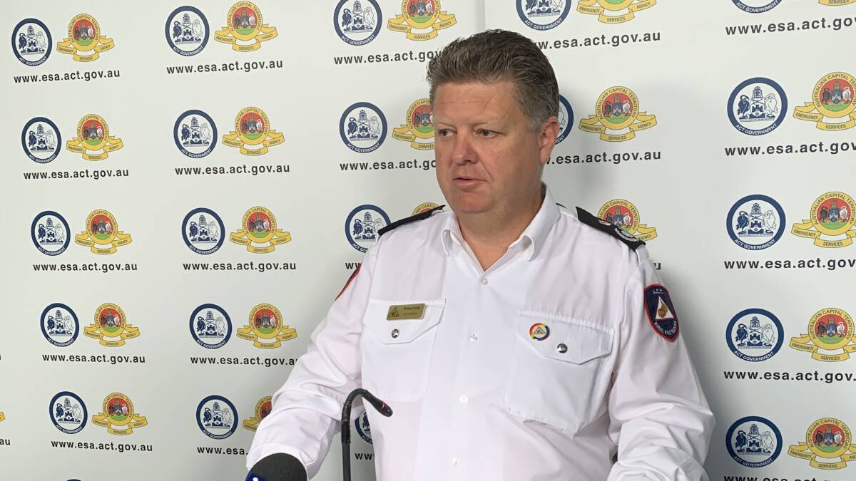 Acting chief fire officer for the ACT Rural Fire Service Rohan Scott, declaring a total fire ban in the ACT, the fourth for this year. Picture: Andrew Brown