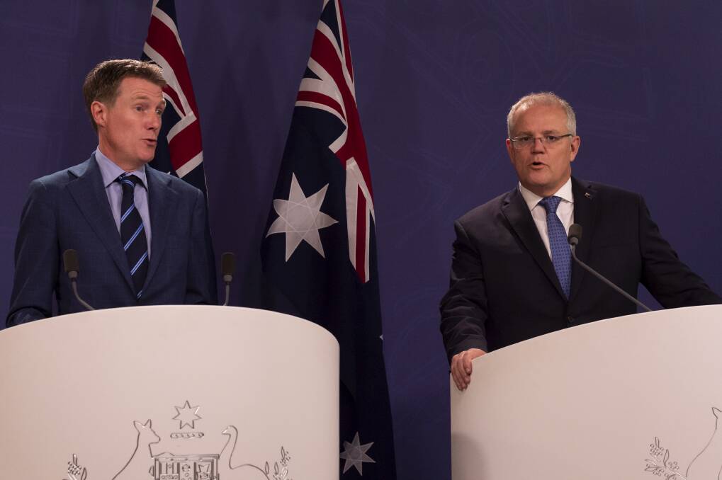 Attorney-General Christian Porter and Prime Minister Scott Morrison announcing the updated draft to religious discrimination bill last week. Picture: Rhett Wyman