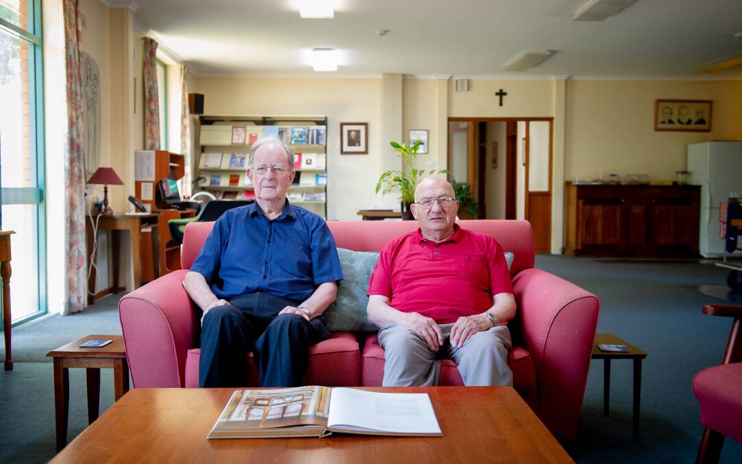 Father Jim Littleton, 89, and Father Harold Baker, 96, in the residence at Daramarlan College The building may be demolished to make way for new school facilities. . Picture: Elesa Kurtz