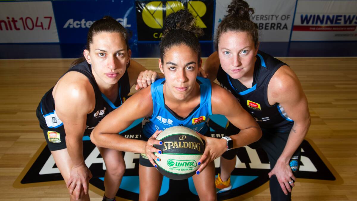 Marianna Tolo, Kia Nurse and Kelsey Griffin want the AIS Arena packed to the rafters. Picture: Elesa Kurtz