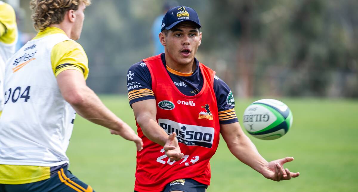 The Brumbies are sweating on the results of Noah Lolesio's hamstring scan ahead of a clash with the Western Force this week. Picture: Karleen Minney