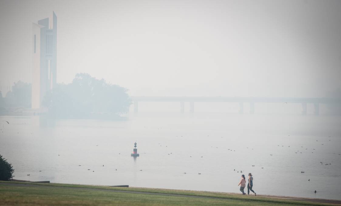 The National Carillon and Lake Burley Griffin under heavy smoke haze on December 20. Picture: Karleen Minney