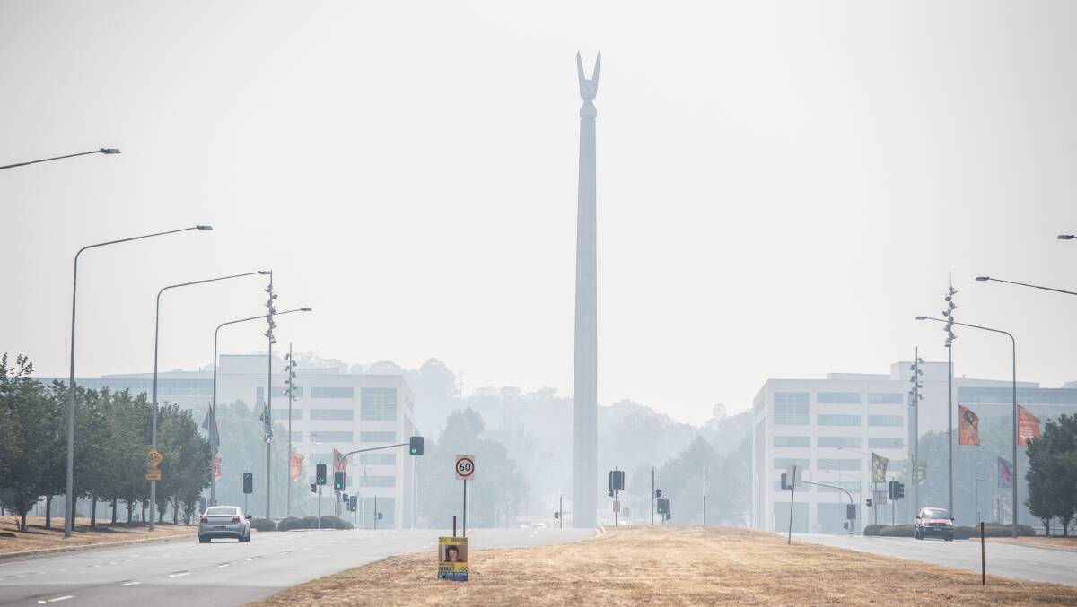 Smoke haze from recent bushfires continues to blanket Canberra. Picture: Karleen Minney