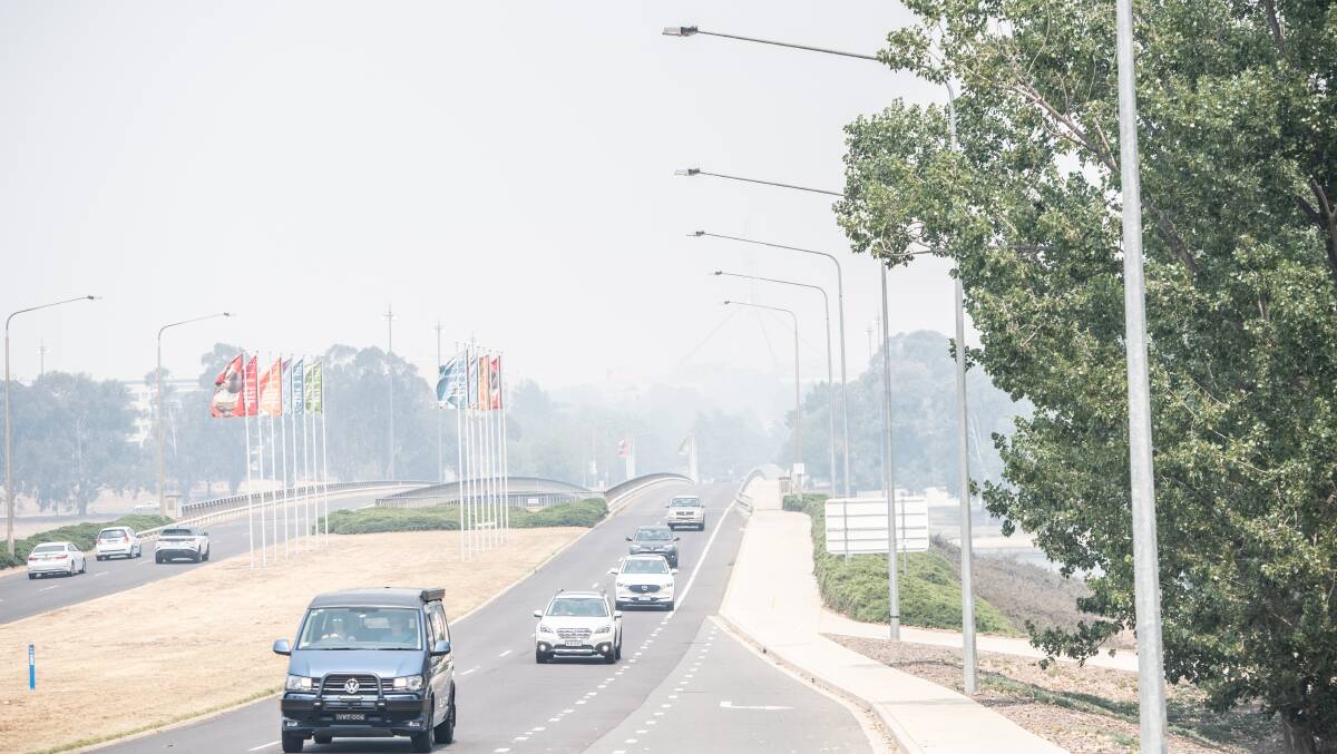 Smoke haze continues to blanket Canberra. Parliament house, barely visible. Picture: Karleen Minney