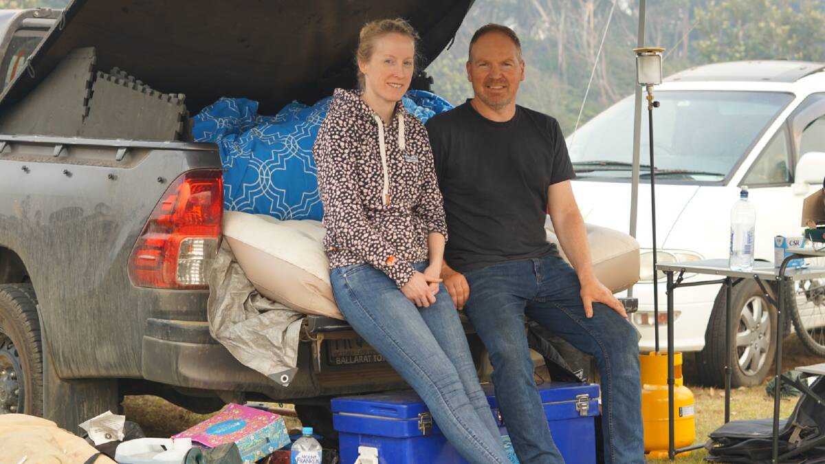 Rochelle Pitts and Rory Samson, of King Lake, Victoria. They evacuated from Potato Point. Picture: John-Paul Moloney