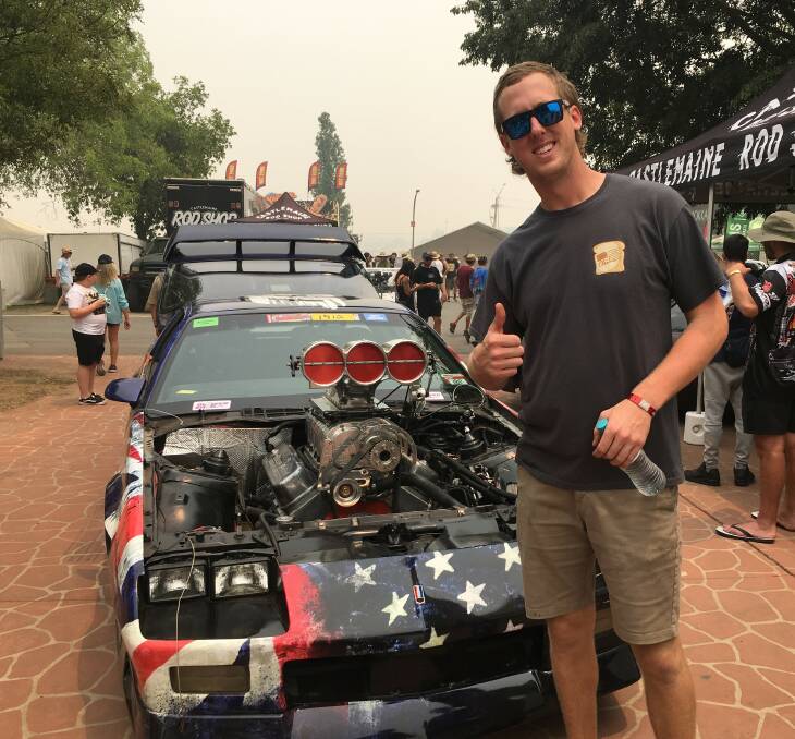 US car culture influencer Garrett Mitchell, aka Cleetus McFarland, and his burn-out car, Toast.