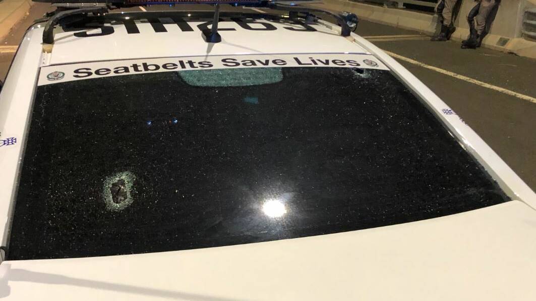Another of the NSW police cars damaged by rocks and bottles thrown during the melee outside the Eagle Hawk Hotel on Friday night. Picture: NSW Police Force Facebook page