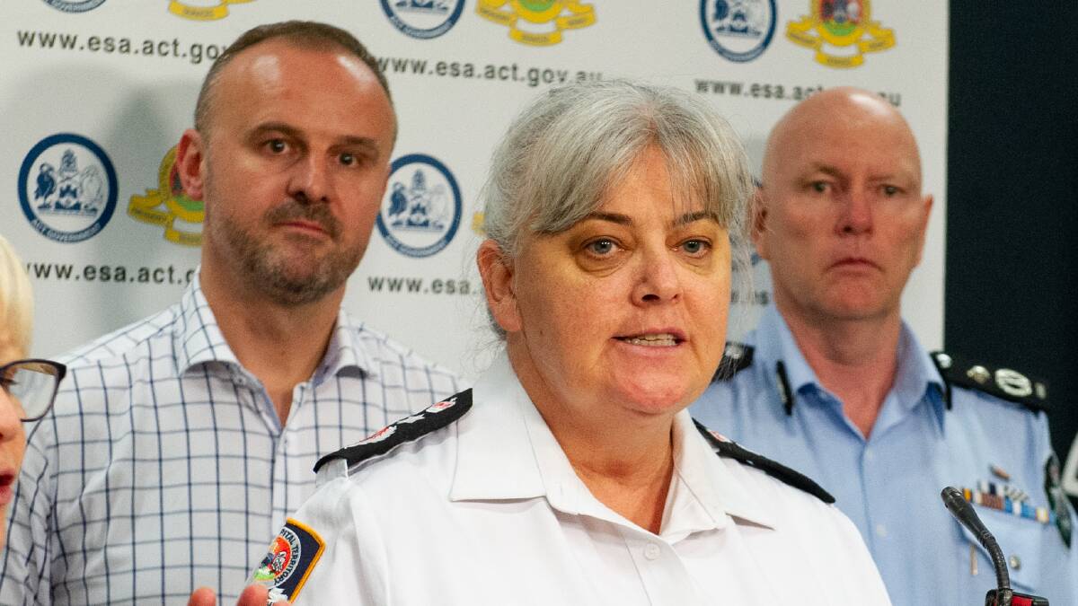 ACT Chief Minister Andrew Barr and ACT Emergency Services Commissioner Georgeina Whelan provide an update on the State of Alert for the ACT on Sunday. Picture: Elesa Kurtz