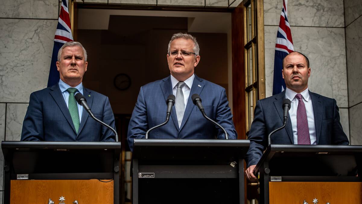 Deputy Prime Minister Michael McCormack, Prime Minister Scott Morrison and Treasurer Josh Frydenberg. Picture: Karleen Minney