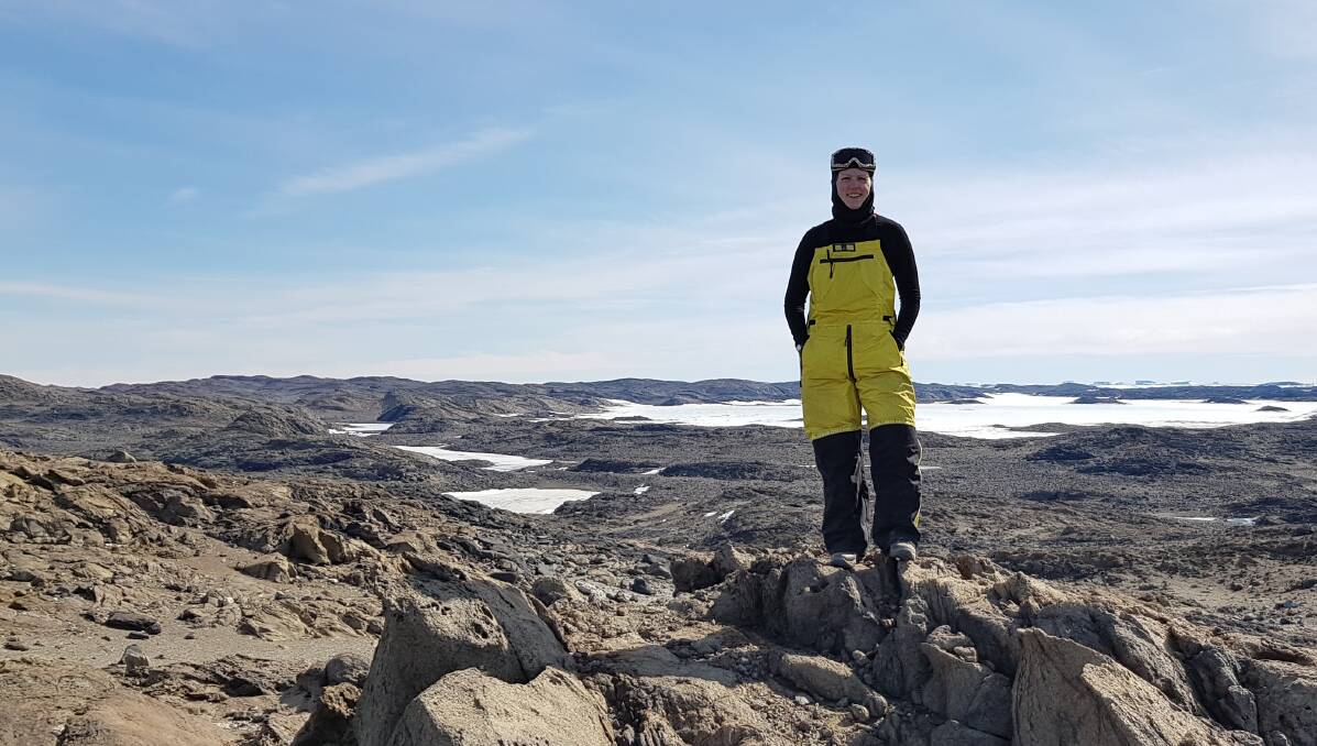 Geoscience Australia's Dr Stephanie McLennan in the Vestfold Hills region of Antarctica in December 2018. Picture: Snowy Haiblen