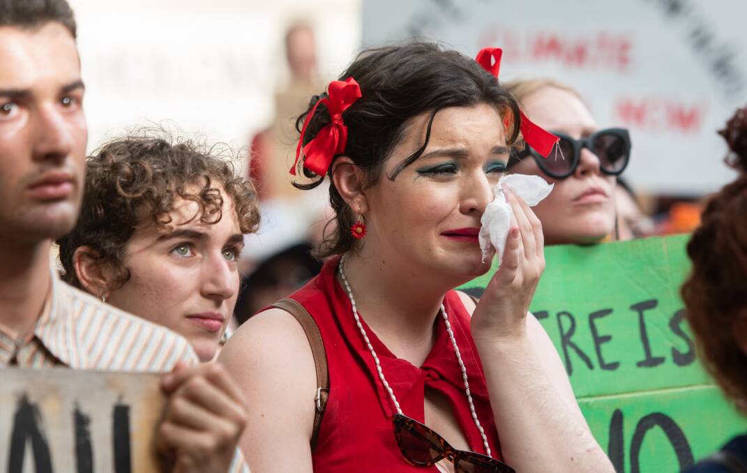 An emotional protester at the climate action now protest in Garema Place. Picture: Elesa Kurtz