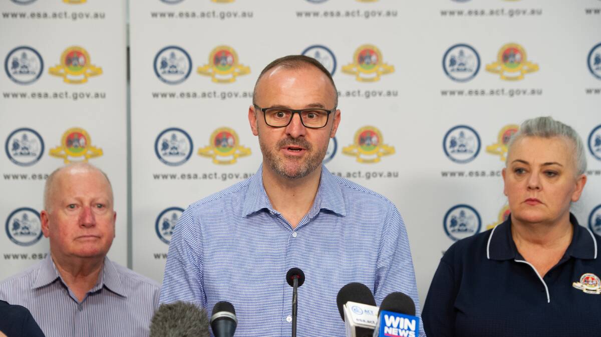 Chief Minister Andrew Barr (centre), with Emergency Services Minister Mick Gentleman and Emergency Services Commissioner Georgeina Whelan. Picture Elesa Kurtz