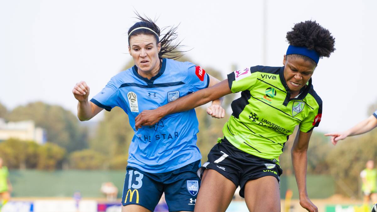Canberra United's Simone Charley, and Sydney FC's Veronica Latsko. Picture: Jamila Toderas
