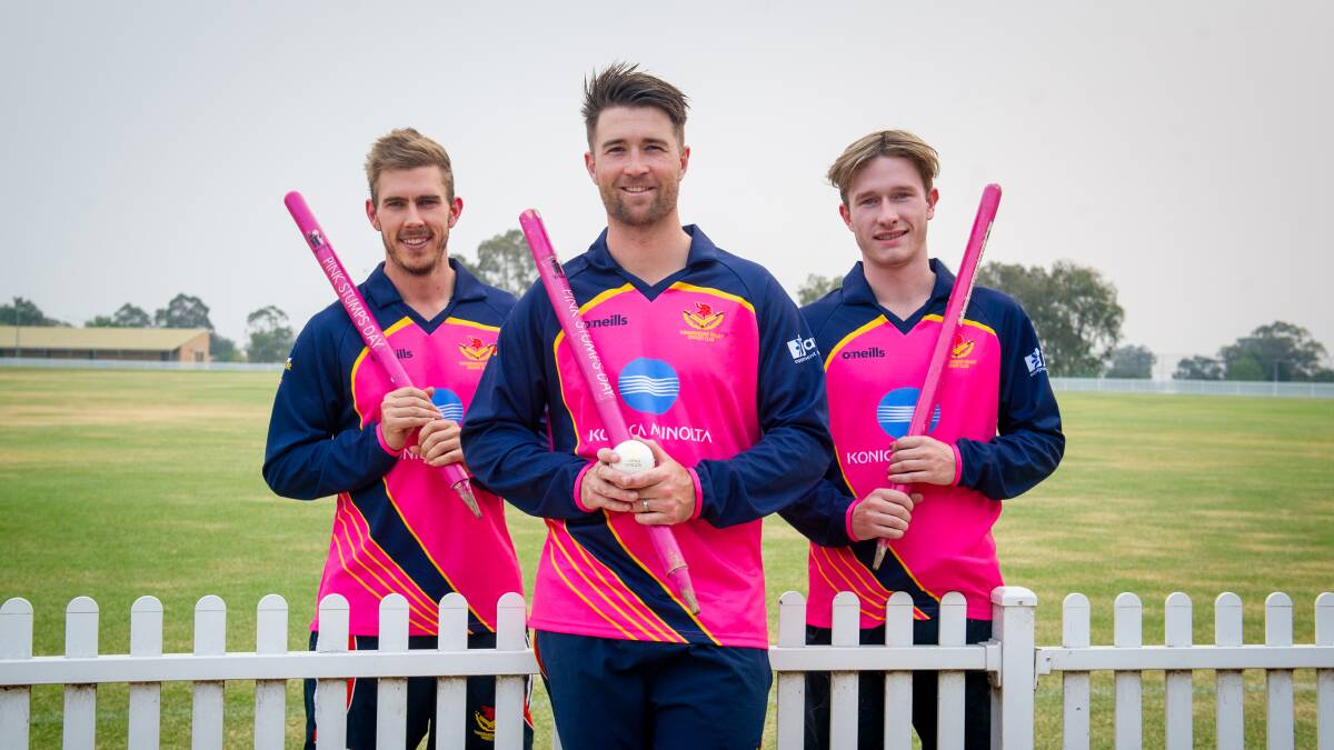 Tuggeranong cricket club players Michael Barrington, Captain Shane Devoy and Blake Ivery are holding a pink stumps day in their Twenty20 game on Thursday. Picture: Elesa Kurtz