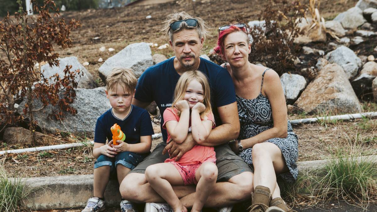 Damien Hadzic and Magenta Byrne, with their children Arez Hadzic, and Delilah Hadzic, at the Boomerang Meeting Place, Mogo. Picture: Jamila Toderas